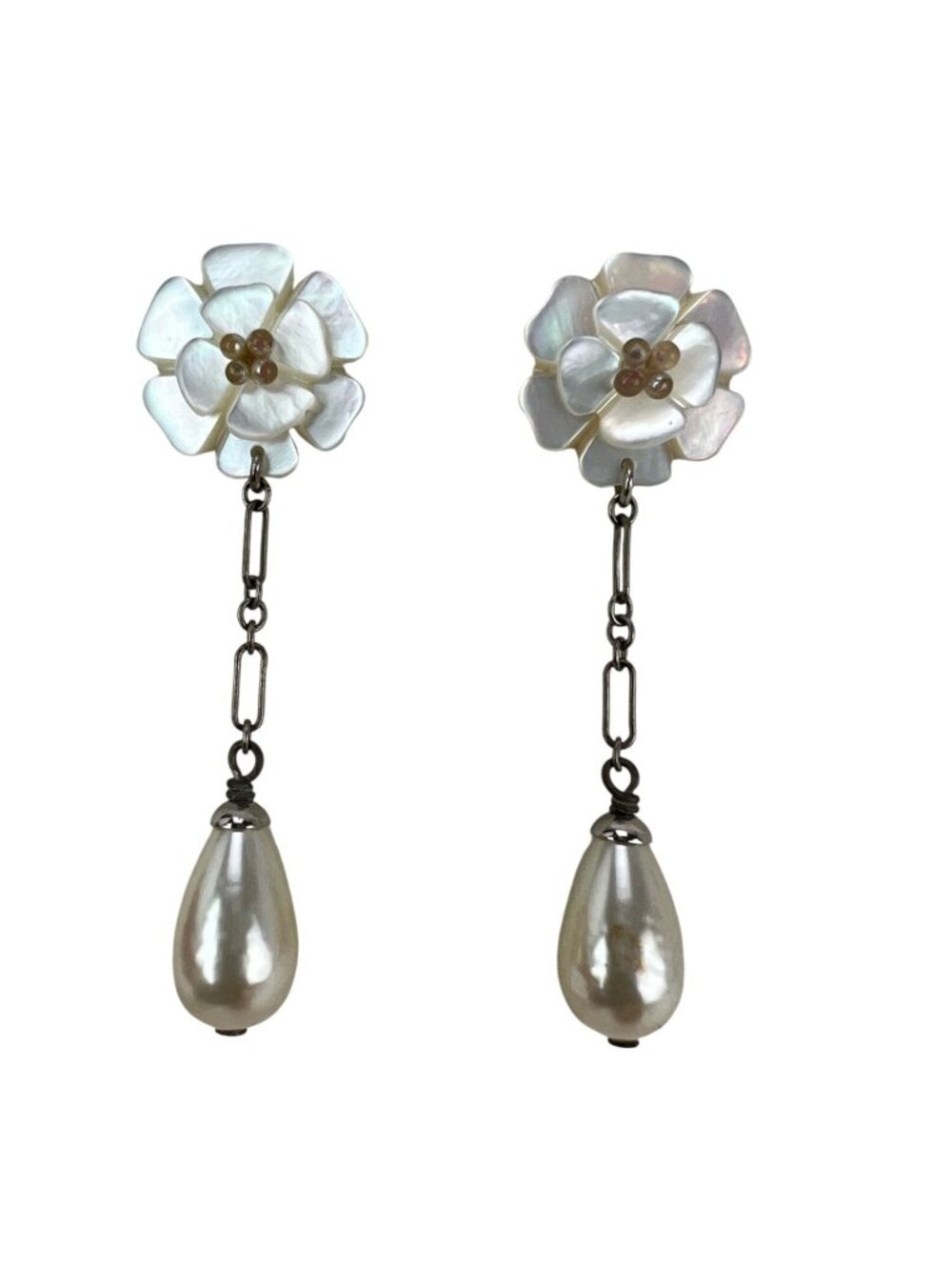 Chanel Camellia Faux Pearl Drop Earrings Vintage